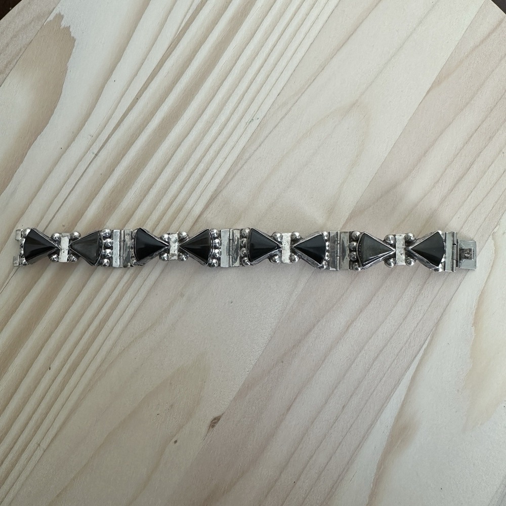 VTG Taxco Link Bracelet Size 6.5 Sheen Obsidian Signed 925 Sterling Mexico 26.1g - Picture 2 of 12